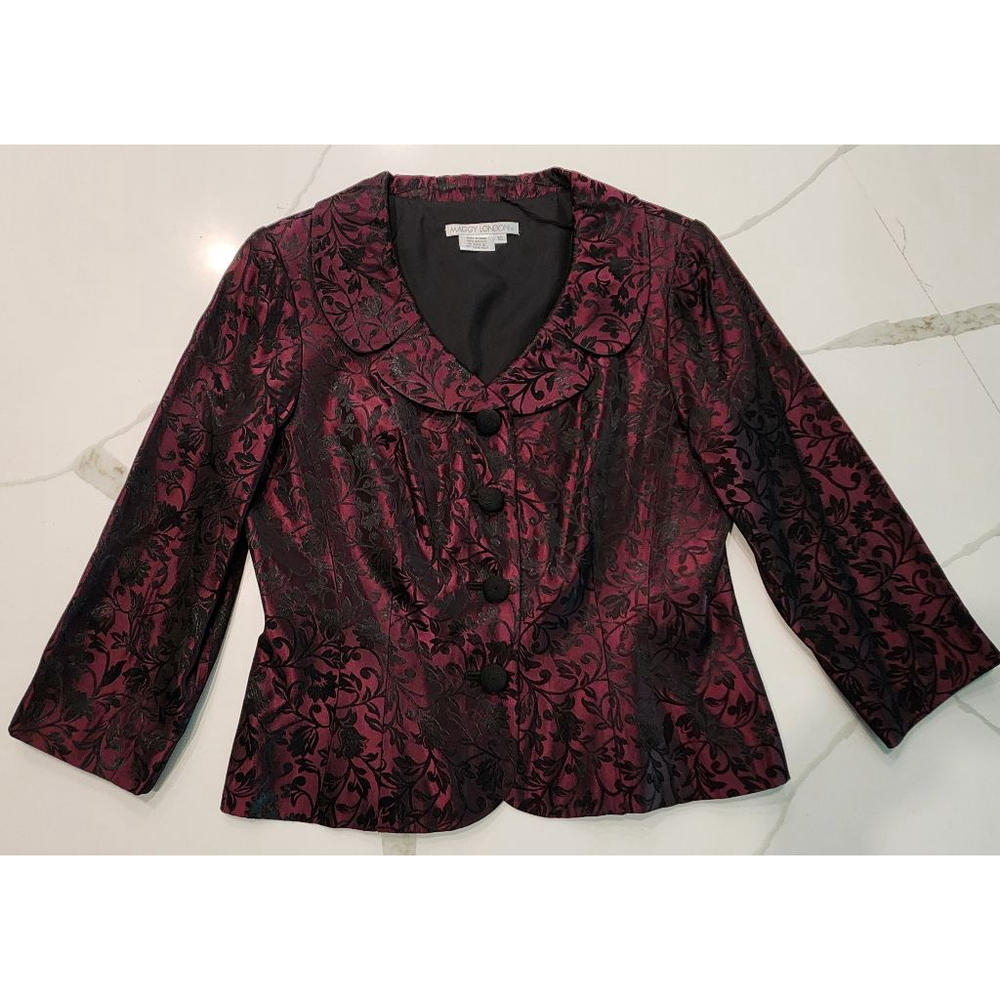 Maggy London Y2K Size 10 Brocade Jacket Floral Magenta Black 3/4 Sleeve Blazer - Picture 7 of 12